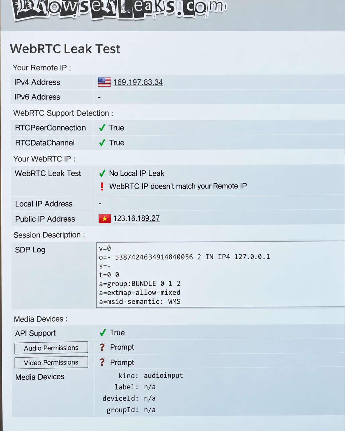 WebRTC leak test showing remote and public IP addresses