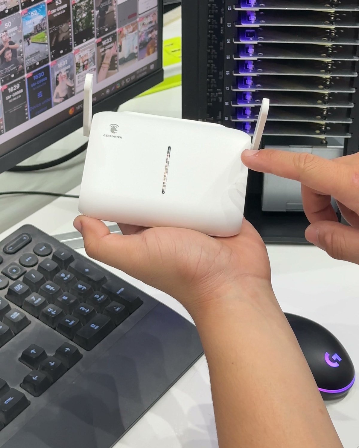 GenRouter held beside a multi-phone rack and control screen