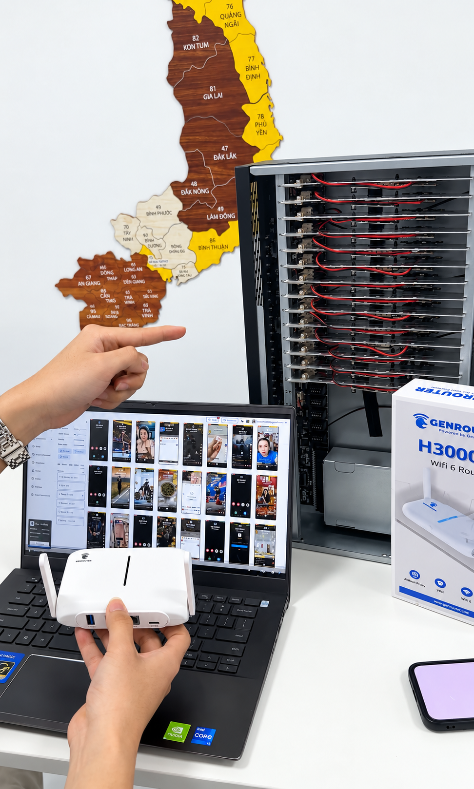 GenRouter H3000 shown with a laptop, phone rack and product box
