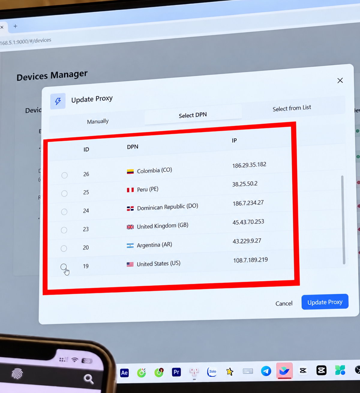GenRouter device manager showing proxy routes for several countries