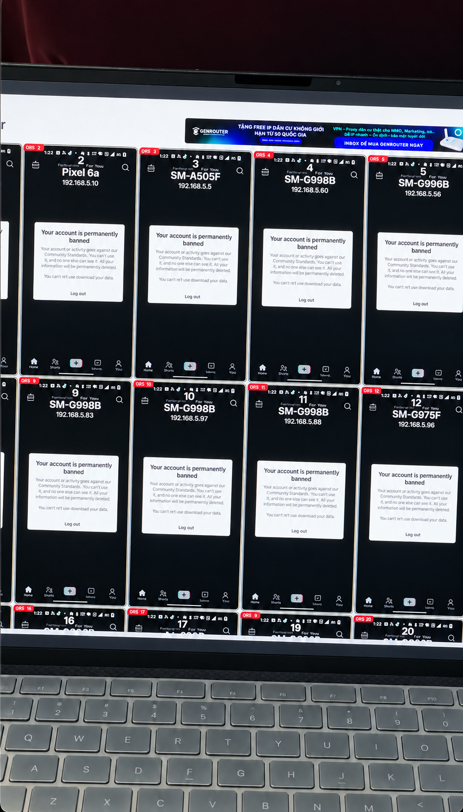 Phone rack dashboard showing multiple permanently banned account notices