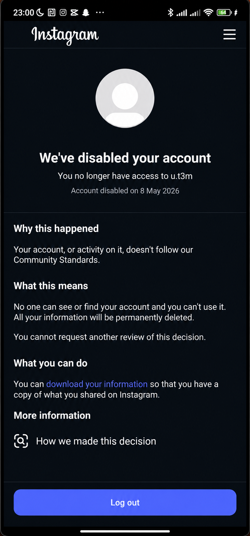 Instagram account disabled notice displayed on a phone