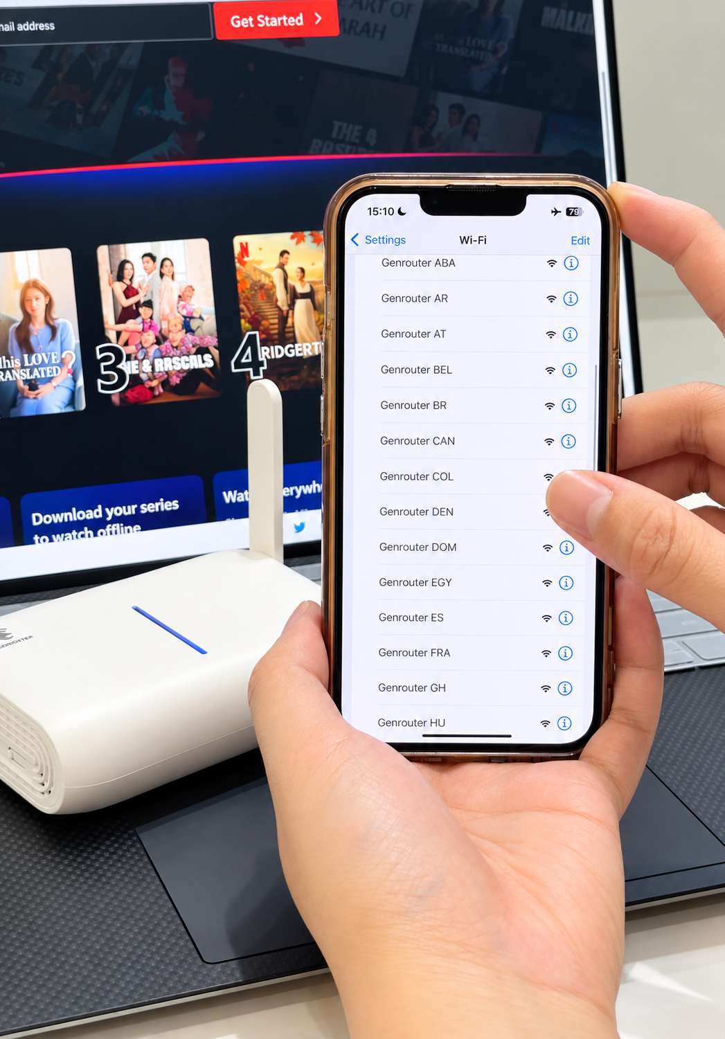 Phone selecting one of multiple GenRouter Wi-Fi networks beside GenRouter hardware