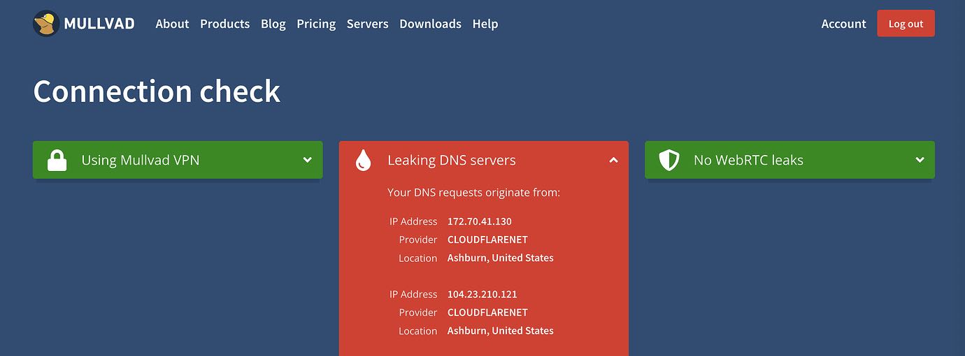 Mullvad connection check showing leaking DNS servers