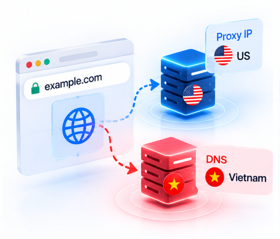 Browser traffic uses a US proxy IP while DNS requests reveal Vietnam