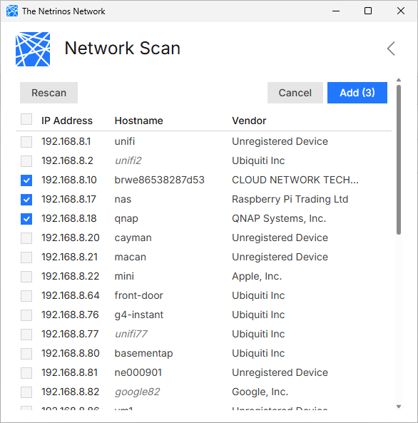 Network scan listing every device on the same local network with its IP address, hostname and vendor