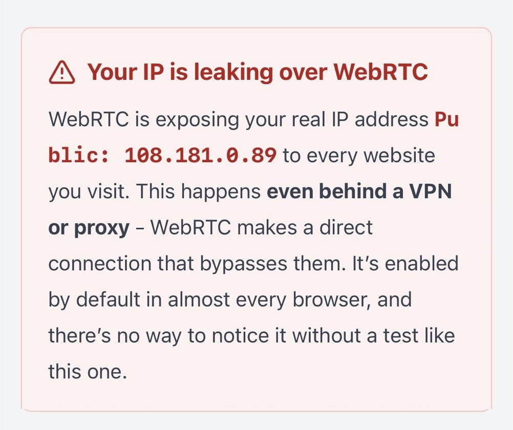 WebRTC leak warning: the real public IP is exposed even behind a VPN or proxy