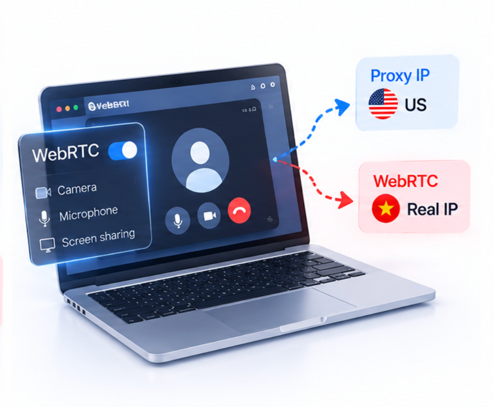 WebRTC reveals a real IP in Vietnam while the proxy IP shows the US